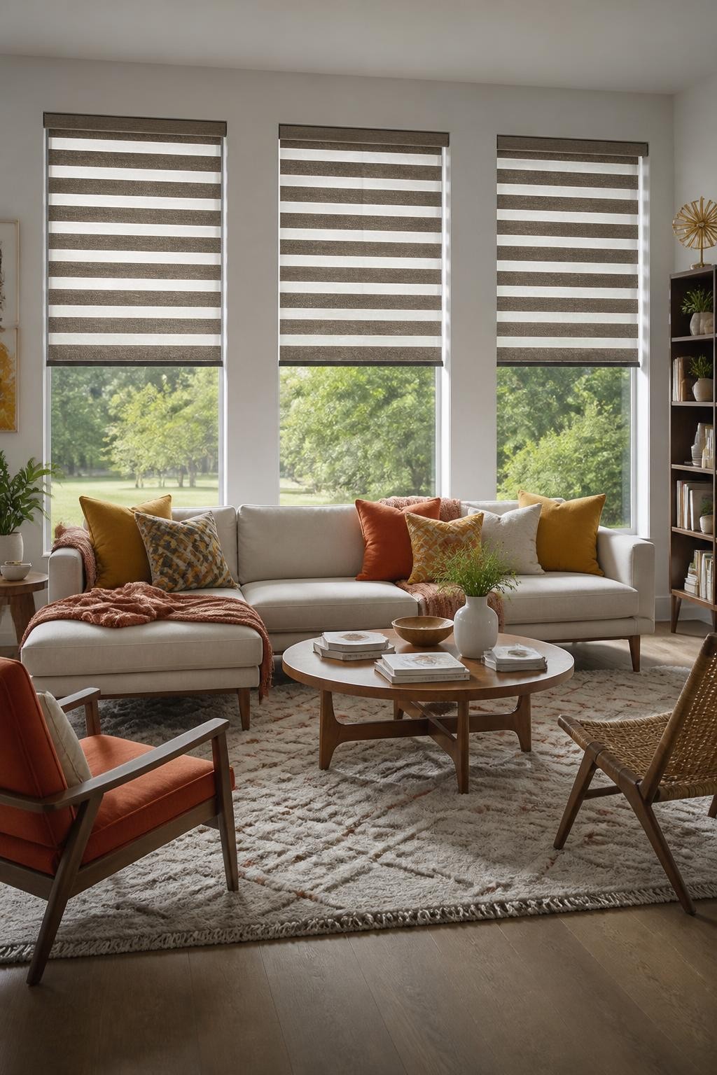 A retro-modern living room framed by large windows featuring taupe zebra blinds that alternate matte and textured strips.