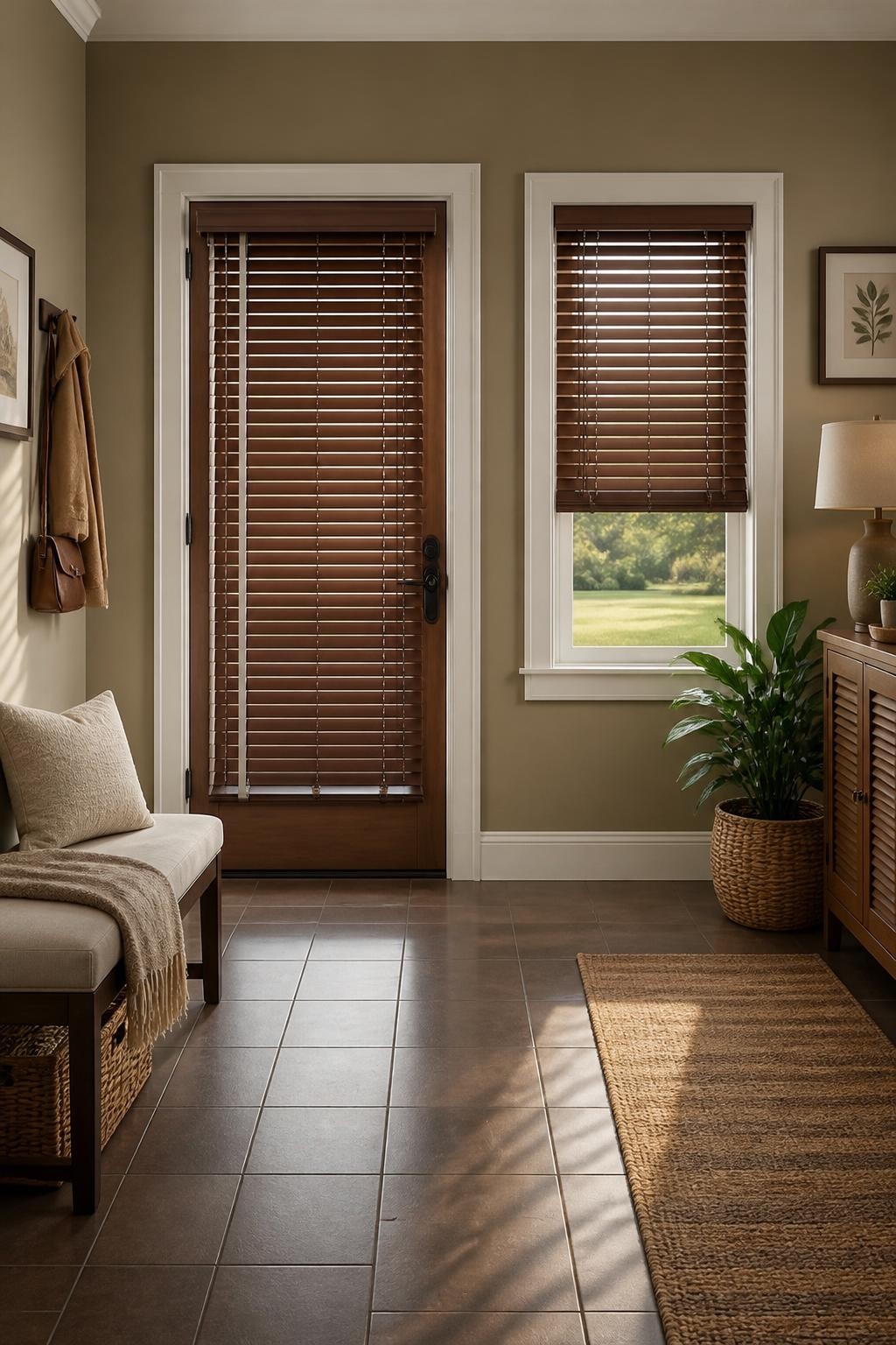 A transitional front entry featuring rich brown wood venetian blinds on both the door and side window, framed by crisp white molding.