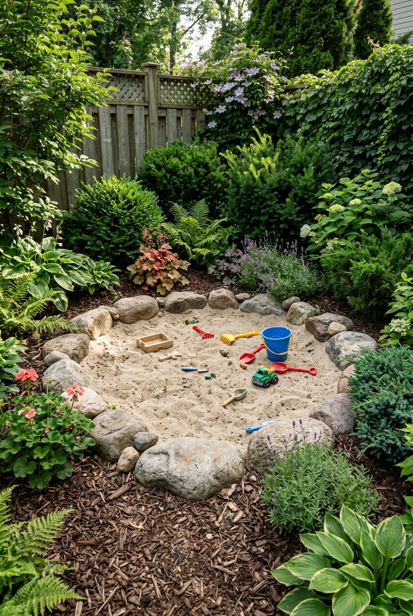 Feature a naturalistic backyard sandpit edged with large, smooth stones, offering a welcoming spot for creative play.