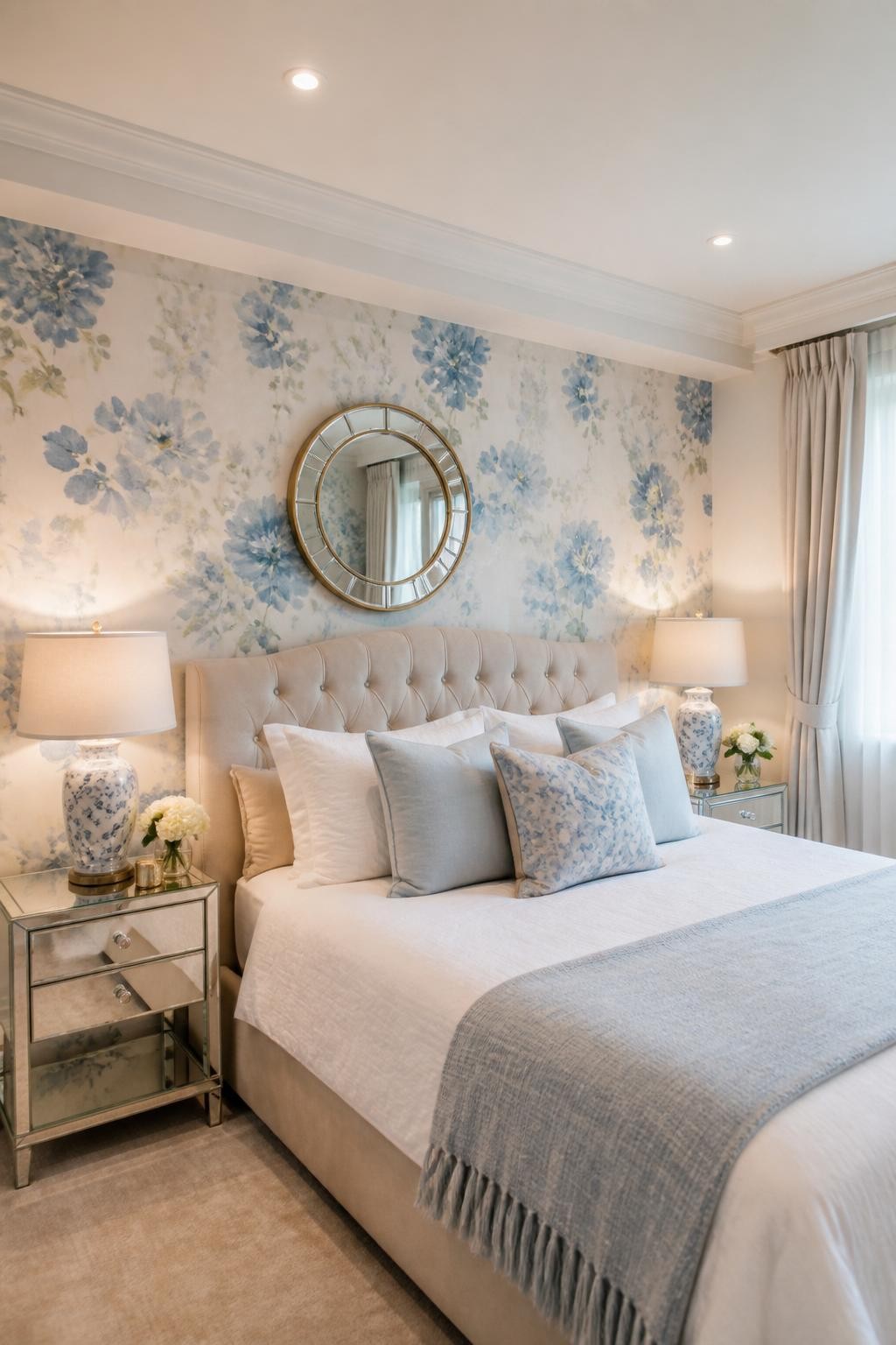 A romantic cottage bedroom awash in soft pastel blues and cream, where a lush blue watercolor floral wallpaper acts as a dreamy backdrop for.