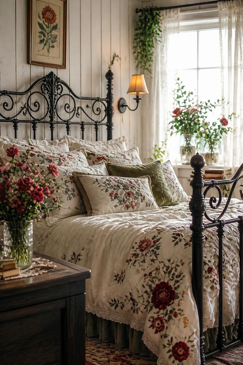 Style a romantic farmhouse bedroom with a boldly ornate black iron bedframe as the centerpiece, covered in rich embroidered linens and match.