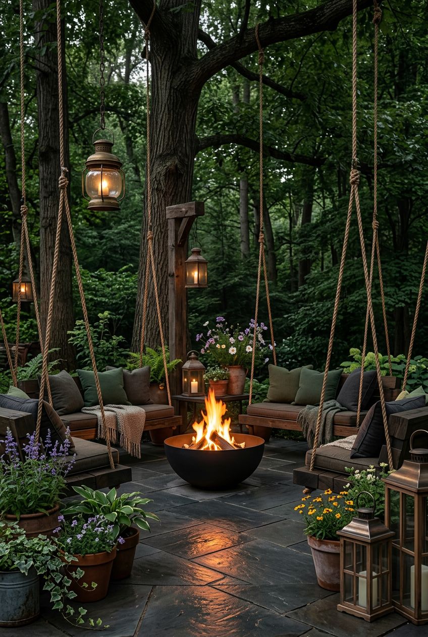 This romantic forest-inspired patio is enveloped by mature trees and features sturdy suspended platform swings with plush pillows circling a.