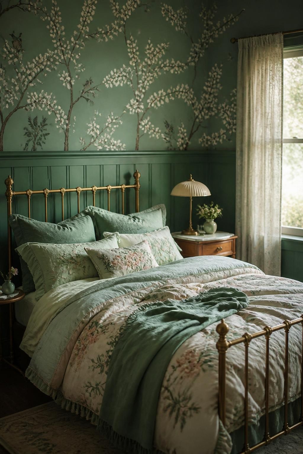 Soft romance meets vintage charm in a bedroom featuring green panel wainscoting and floral branch wallpaper overhead.