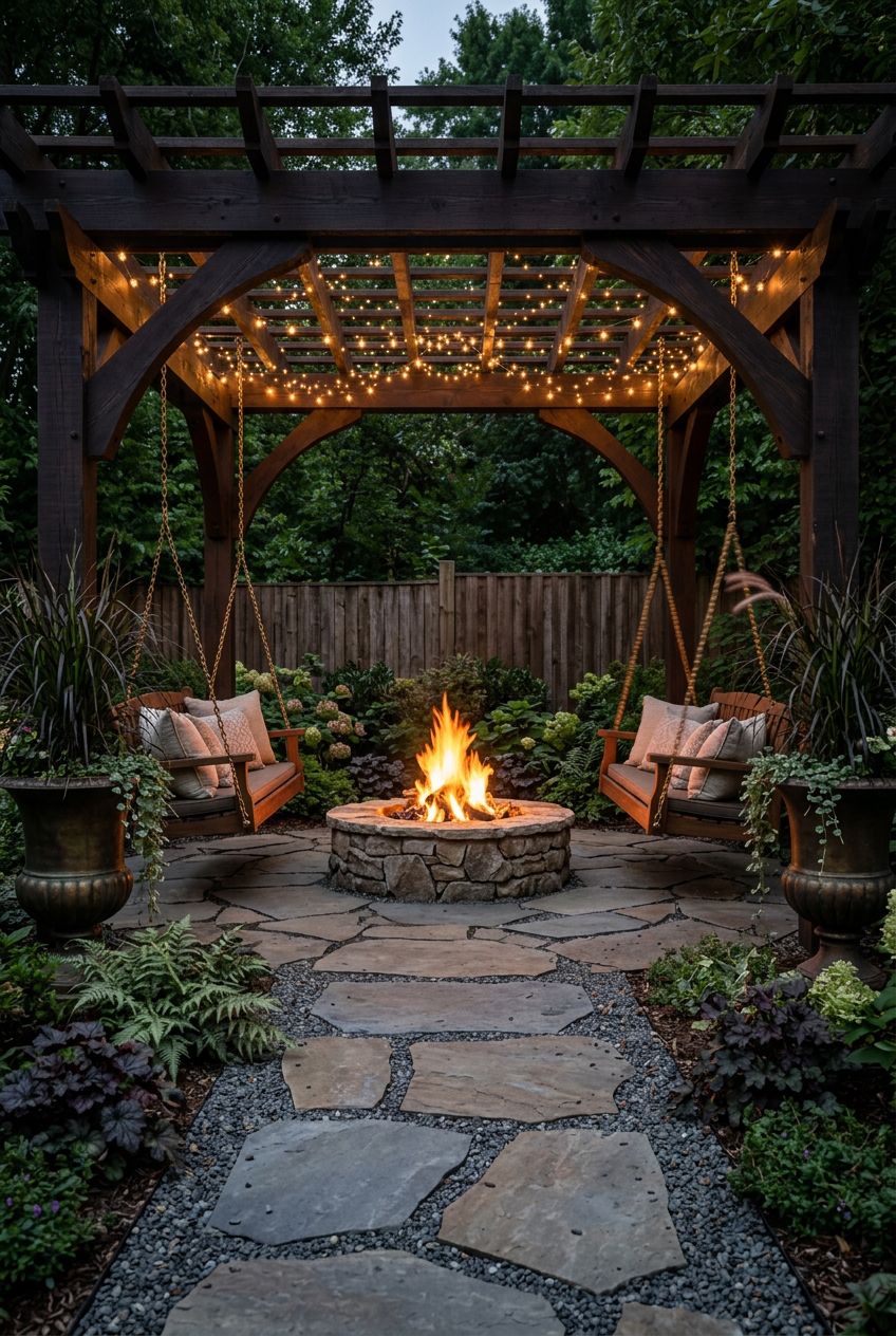 Display an enchanting outdoor scene under a dark-stained pergola strung with twinkling lights, the focal point a round stone fire pit circle.