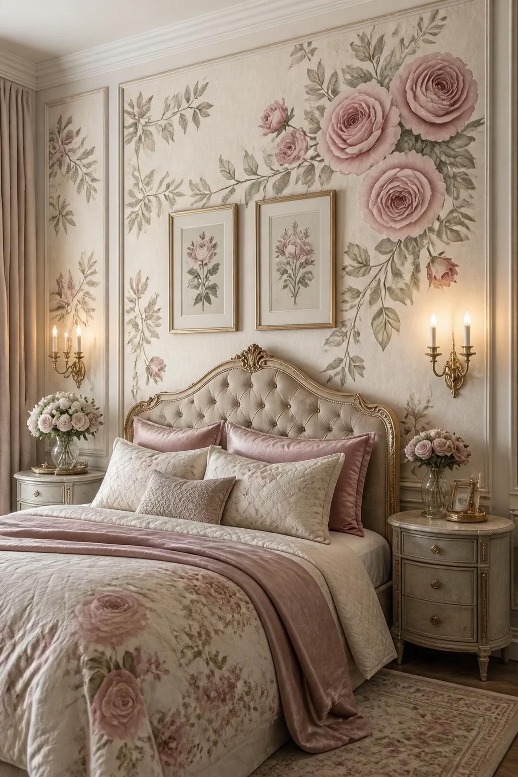 A romantic, vintage-inspired bedroom highlighted by a grand floral mural of pink English roses, delicately climbing across the walls and fra.