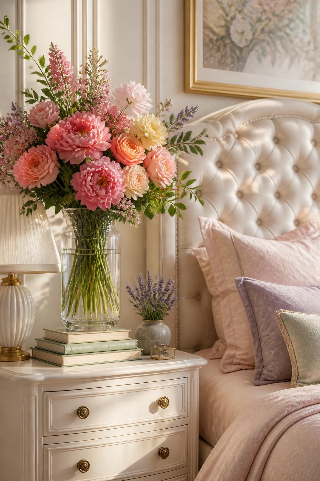 A softly opulent bedroom scene with a tall glass vase overflowing with lush, romantic spring flowers in rosy and peach tones placed atop an.