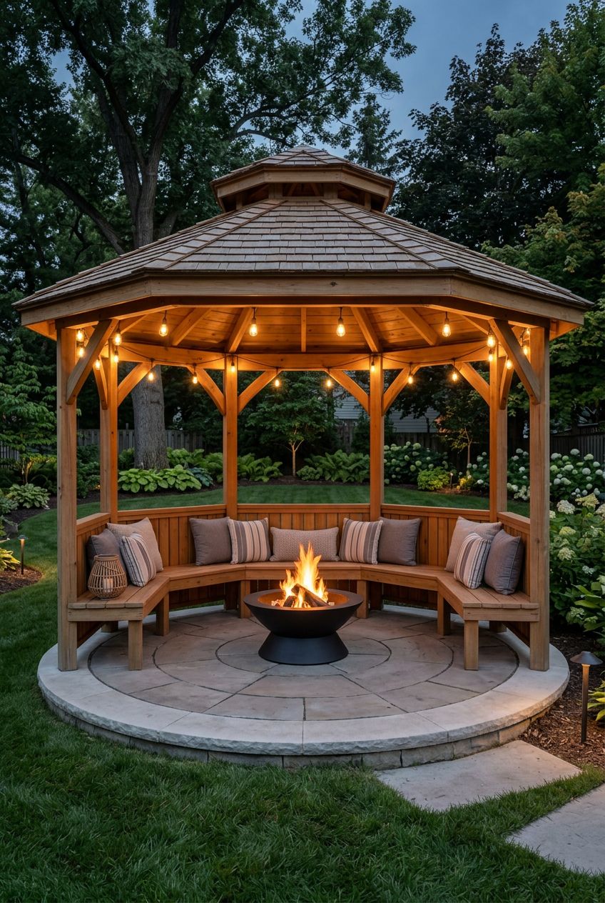 Picture a stately hexagon gazebo built from honeyed wood with shingled roof, featuring wraparound built-in bench seating above a curved ston.