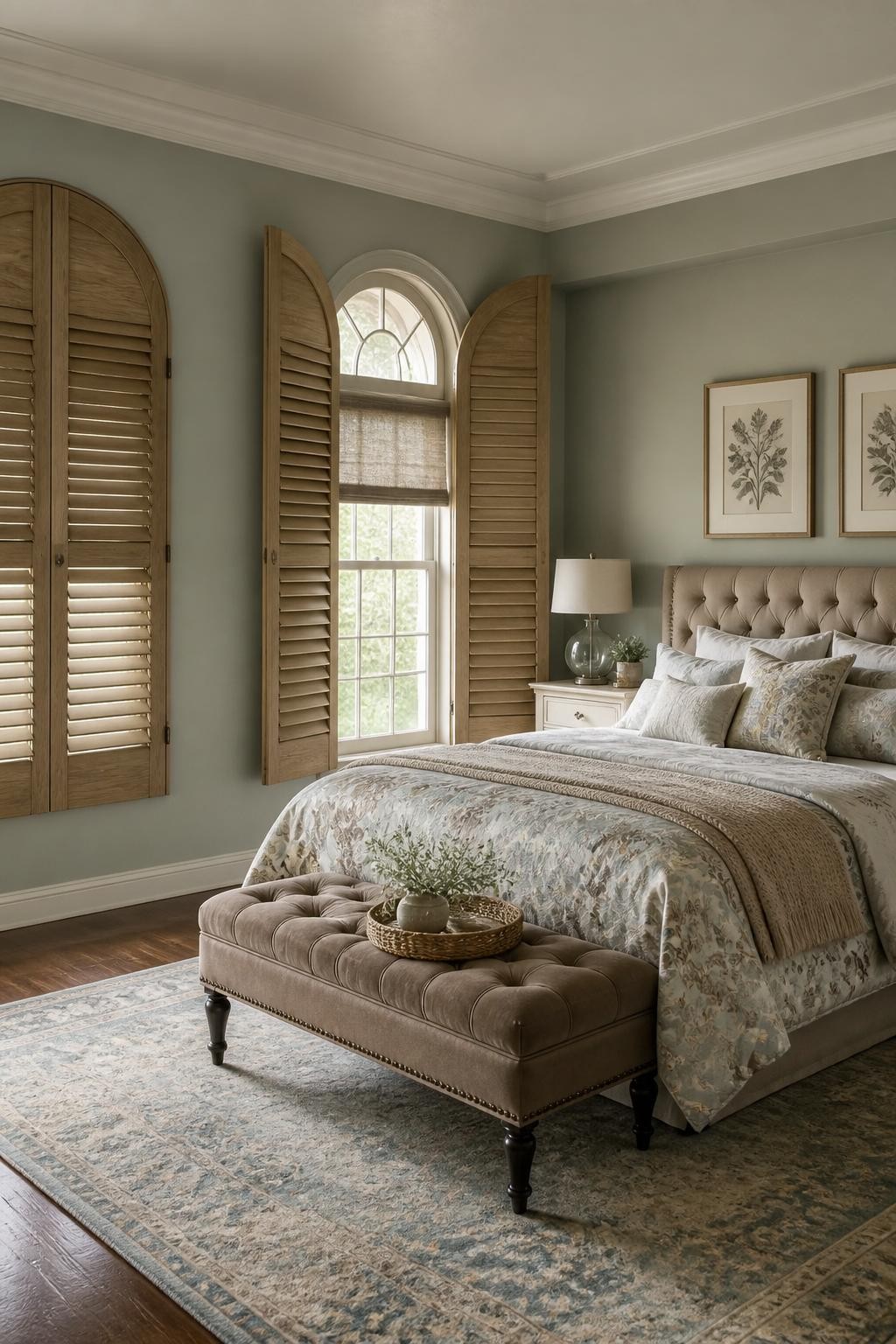 A serene, rustic bedroom where the focal point is a set of tall arched windows framed by custom natural wood interior shutters, some open, s.