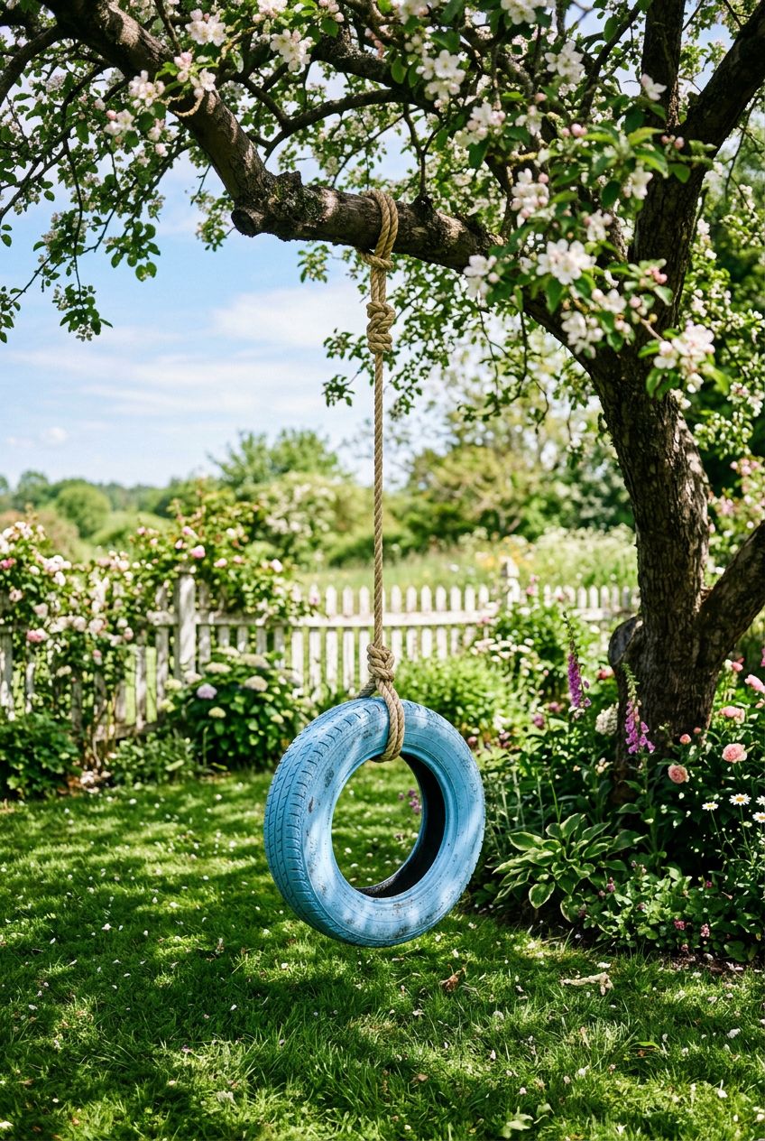 Portray a whimsical backyard scene featuring a single blue tire swing suspended from a flowering tree branch by thick rope.