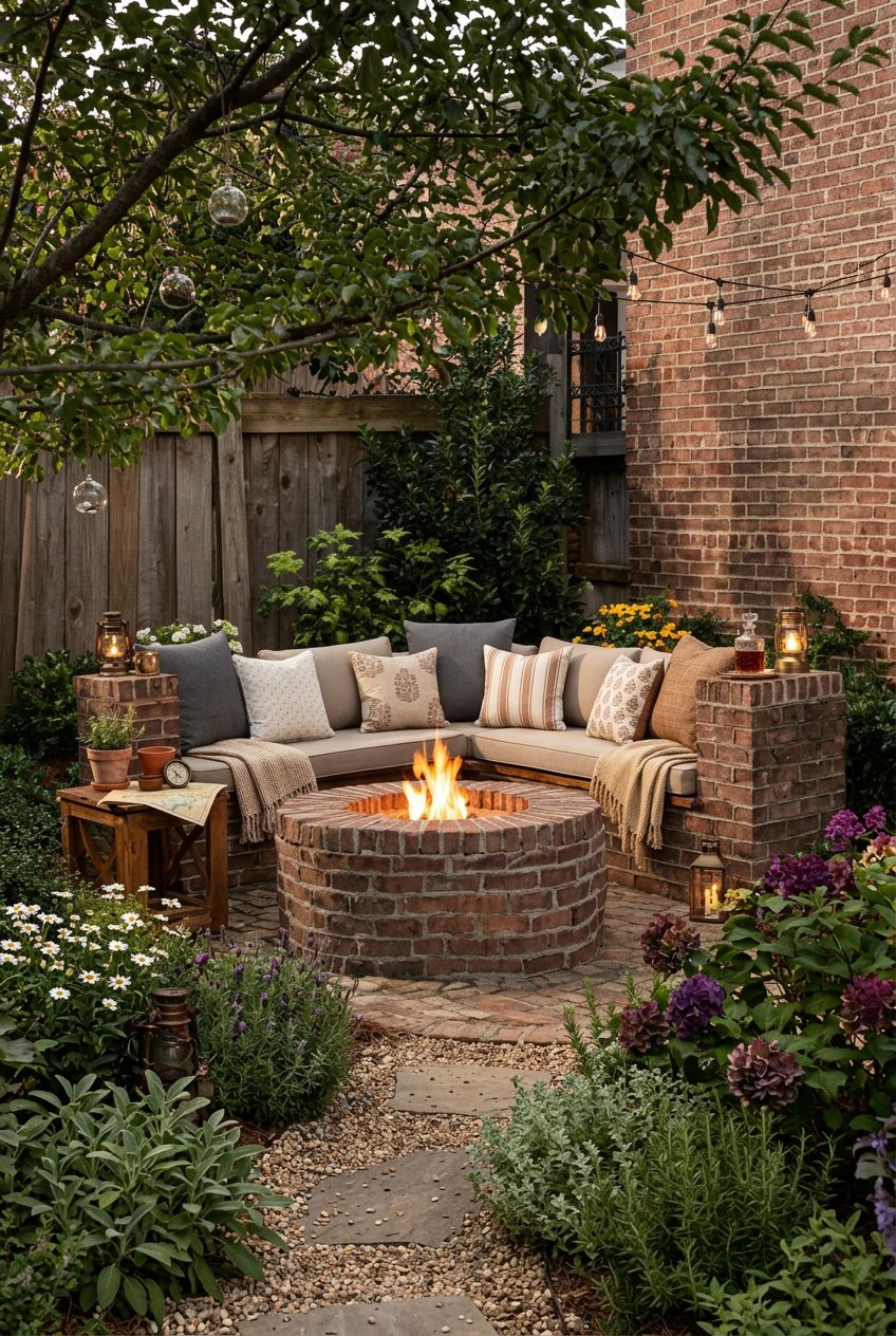Portray a rustic nook defined by classic red-brick seating and a circular brick fire pit, seamlessly blending into a lush garden corner with.