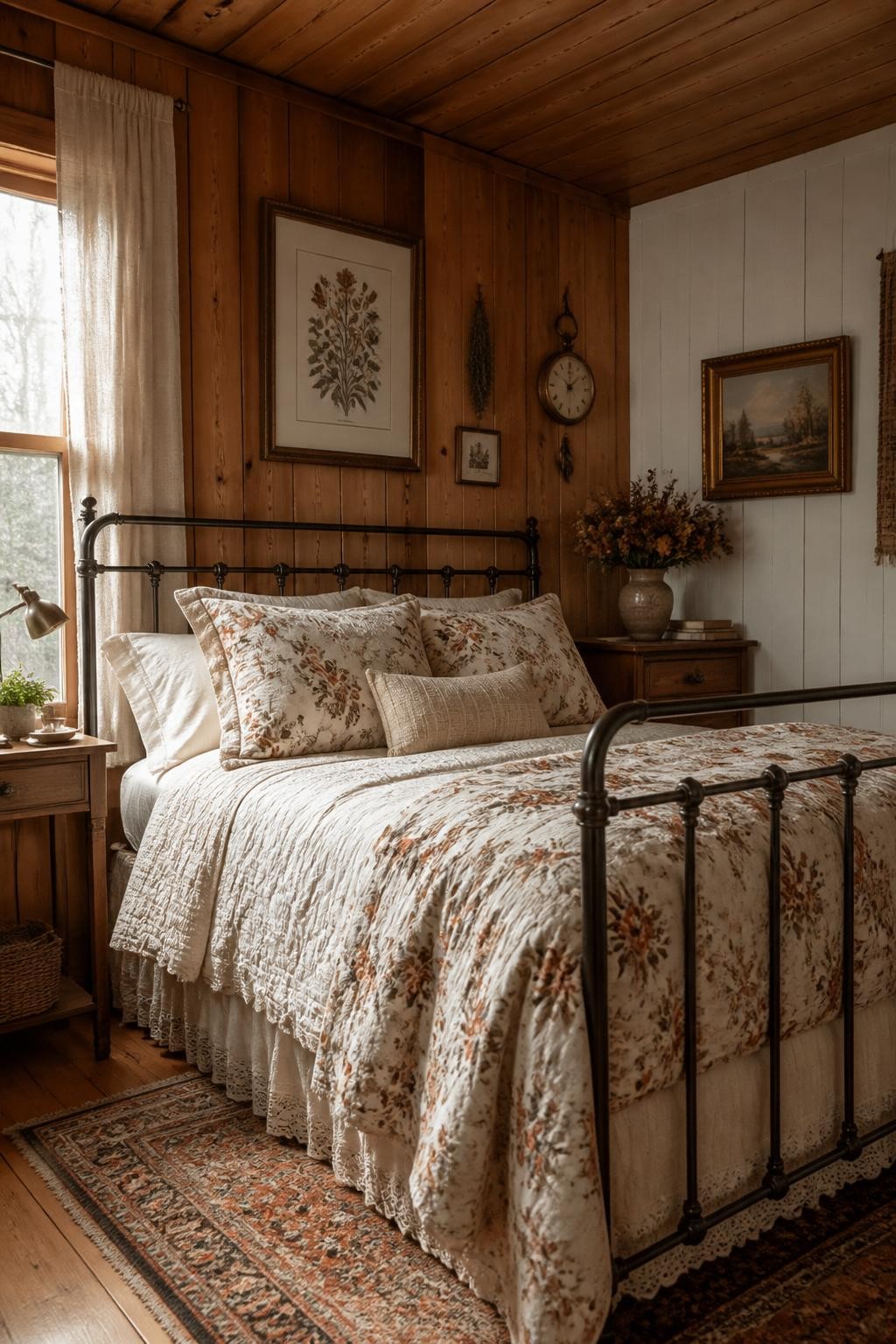 Highlight a rustic farmhouse bedroom with honey-toned wooden wall paneling, a spindle iron bed, and vintage-inspired floral bedding.