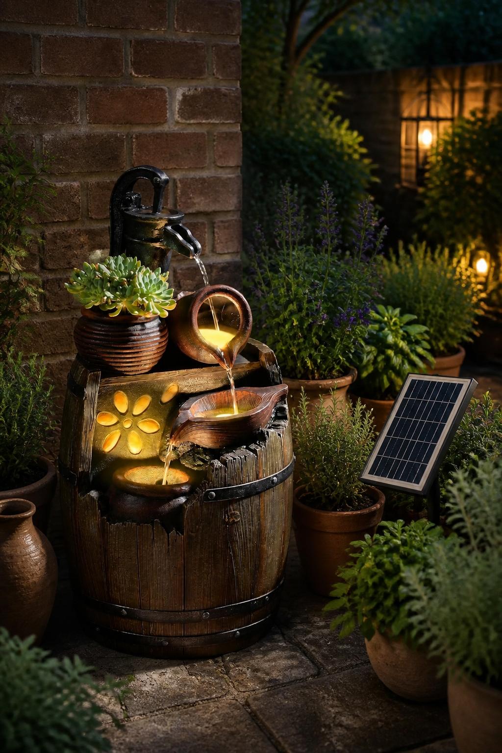 Use the uploaded barrel-shaped waterfall fountain exactly as the reference product, preserving its wooden barrel form, metal banding, rustic.