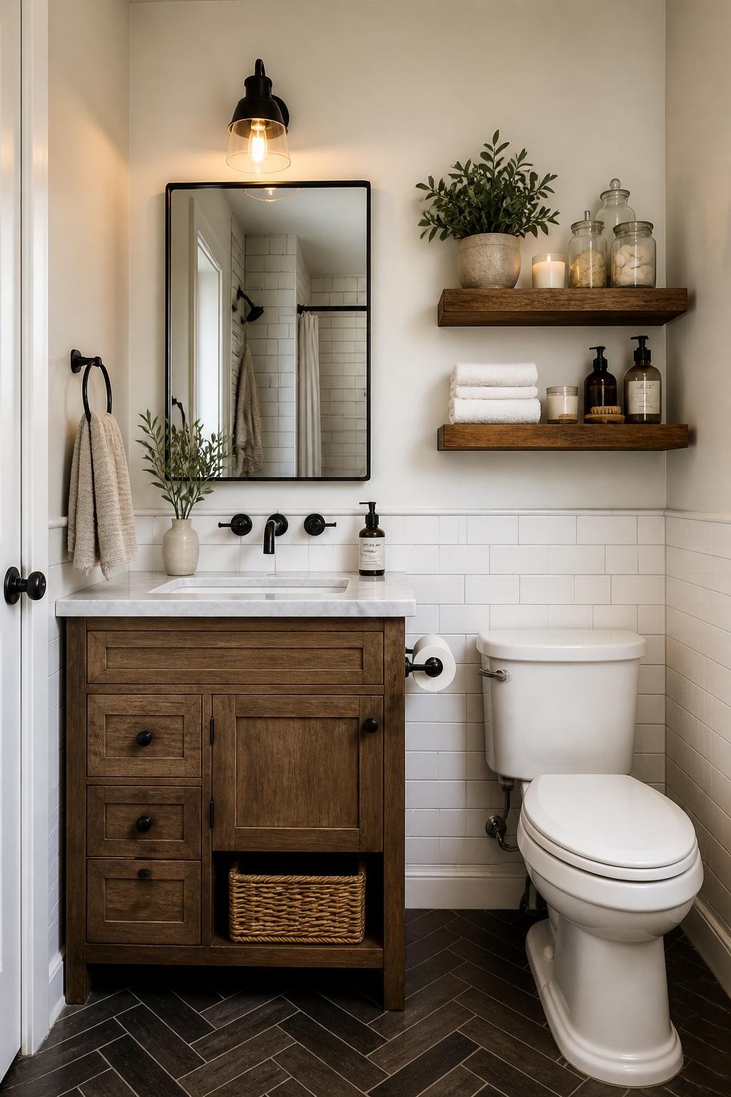 A transitional bathroom featuring two thick, reclaimed wood floating shelves above the toilet, accented by glass apothecary jars, rolled tow.