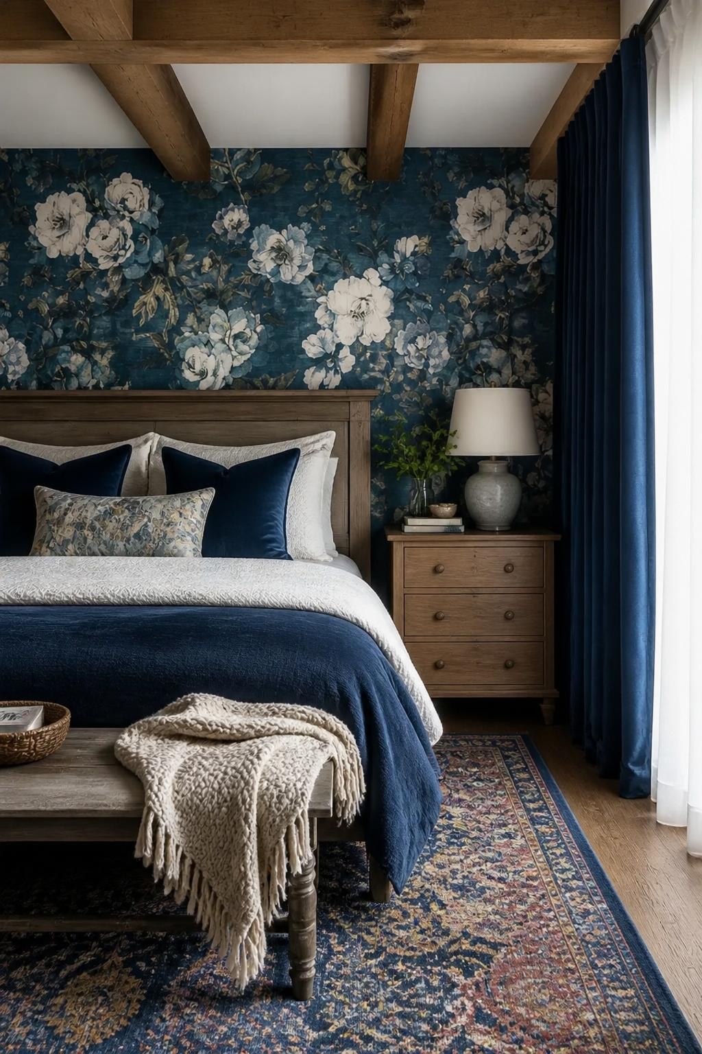 Embracing a rustic chic style, this bedroom features an oversized navy floral mural accent wall, paired with exposed wood beams overhead.