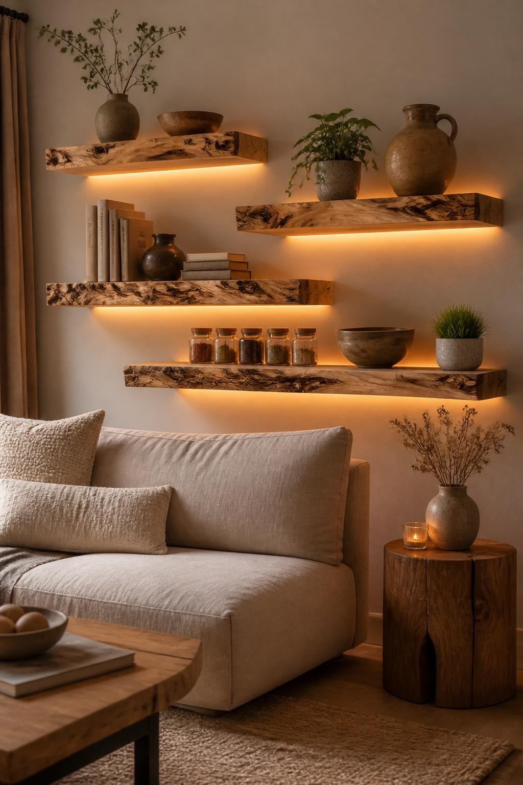 Present a rustic modern living space with floating shelves made of thick, live-edge wood planks.