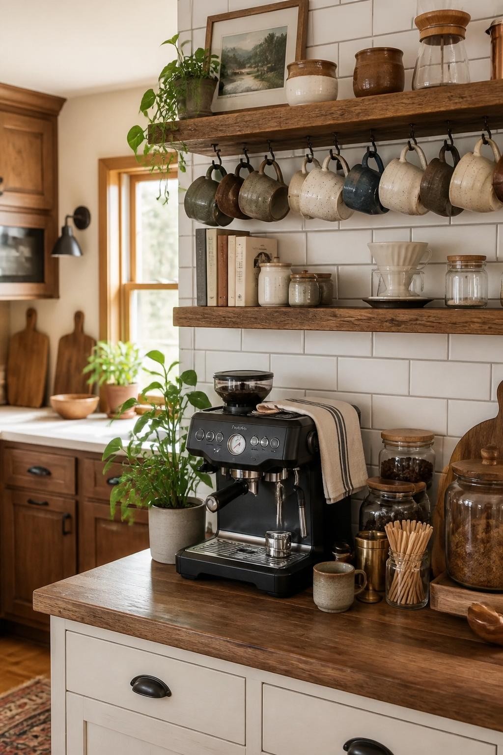 This rustic coffee bar highlights the warmth of thick, raw-edged wood floating shelves accented by a glossy white subway tile backsplash.