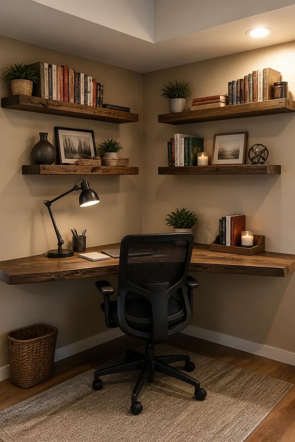 A rustic corner desk anchors this compact home office, with salvaged wood floating shelves wrapping two walls for a cozy, lived-in touch.