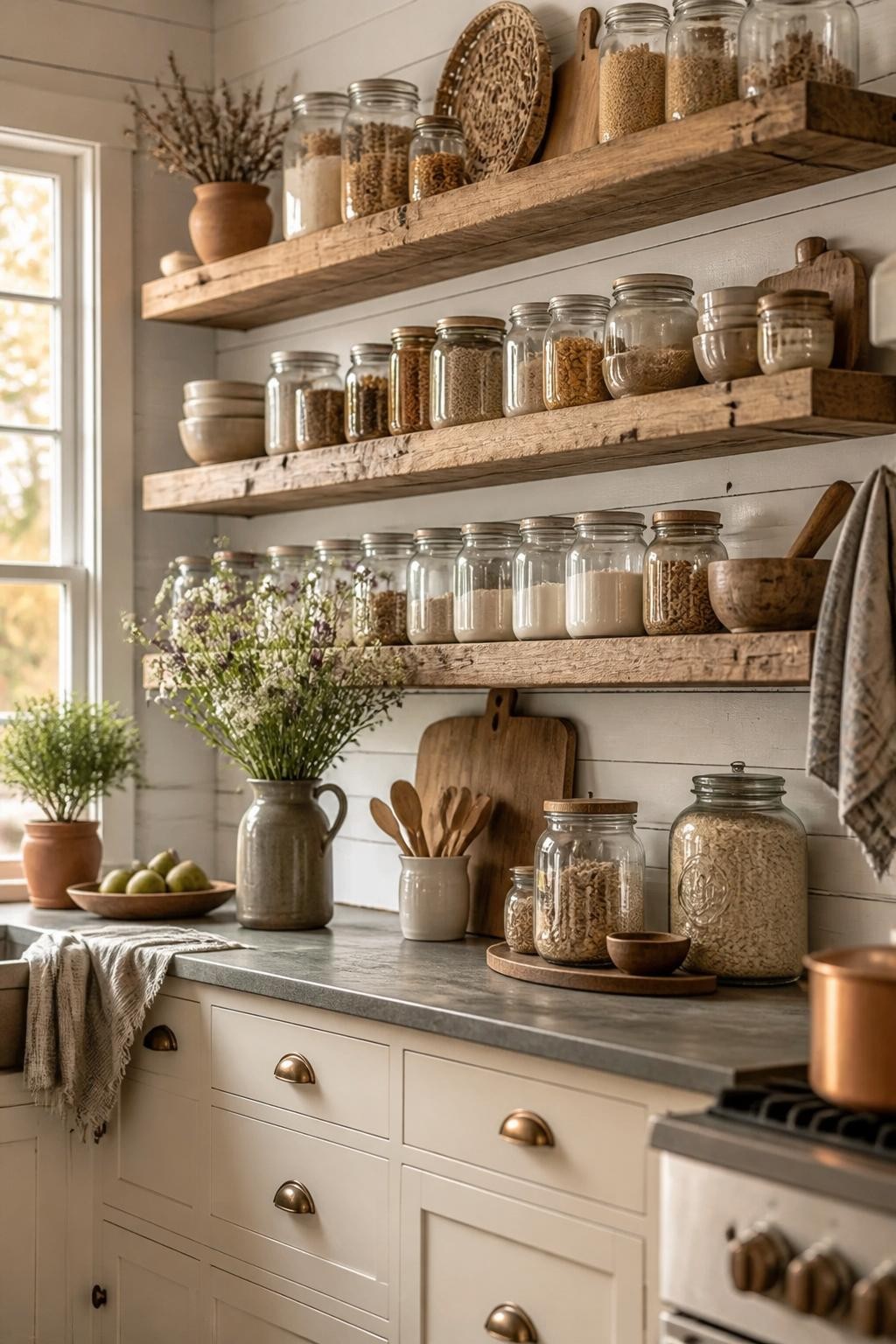Channeling rustic country charm, this kitchen highlights chunky reclaimed wood floating shelves stacked above a shiplap-clad wall.