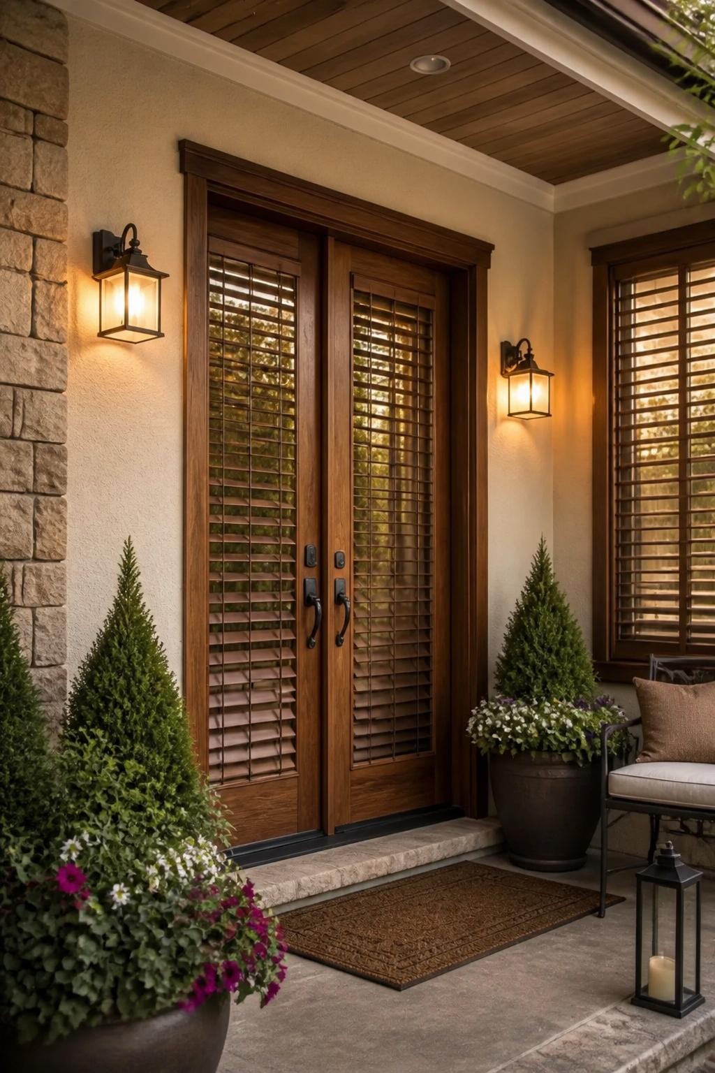A rustic-inspired entry porch with craftsman-style front doors featuring wooden venetian blinds, framed by stone accents and a textured stuc.