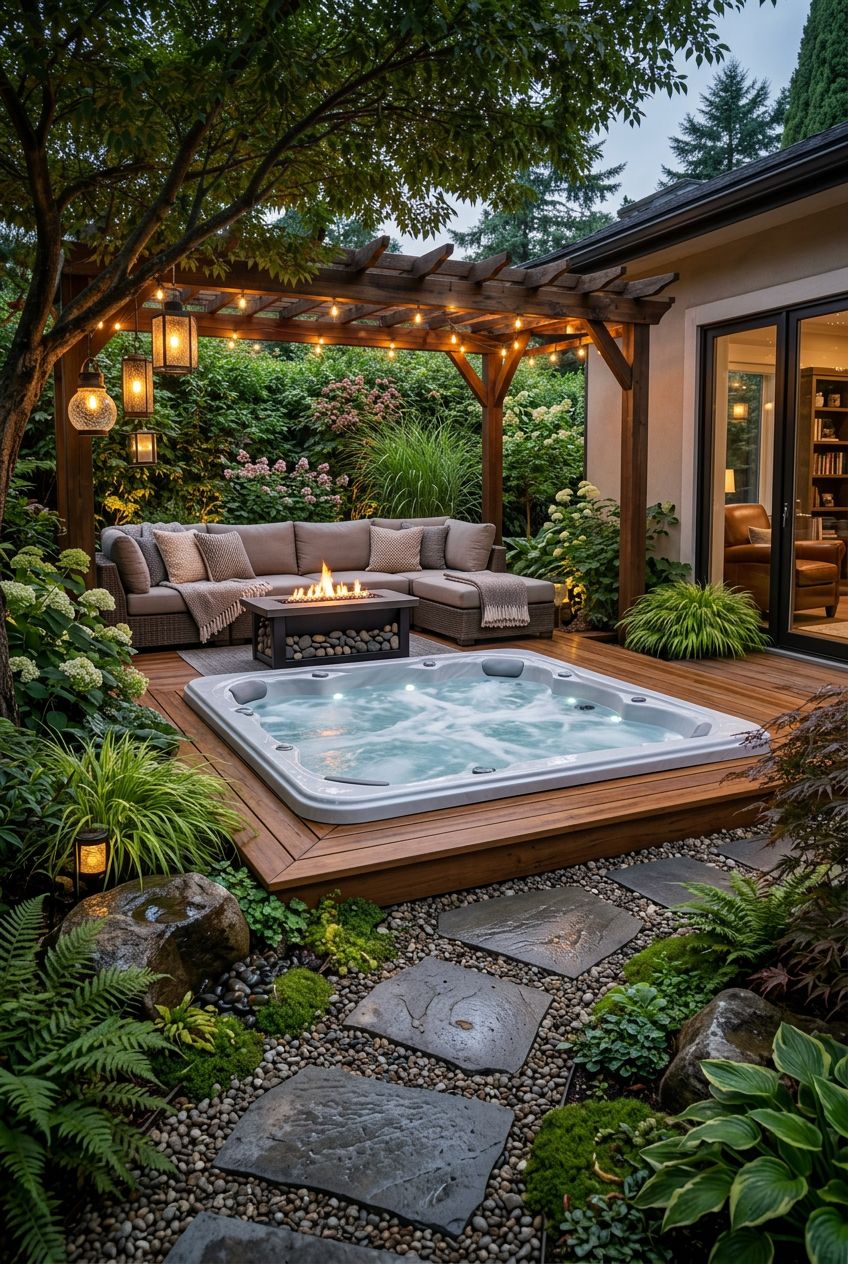 An inviting deckside garden sanctuary features a sunken hot tub framed by a platform of warm wood, nestled beneath a pergola and surrounded.