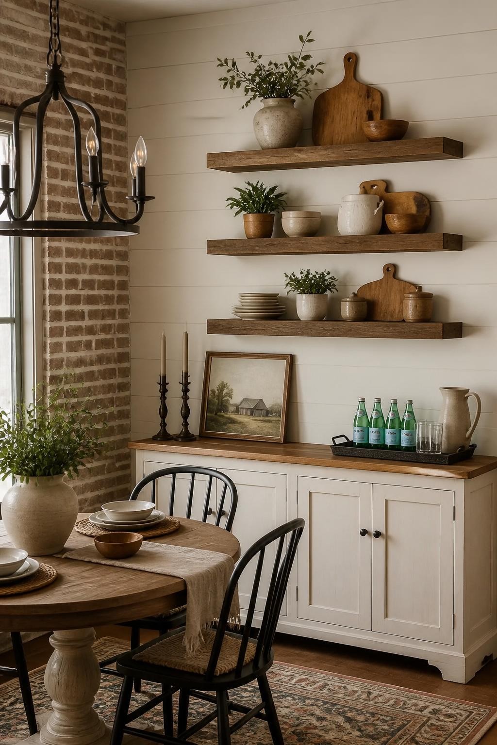 A rustic farmhouse dining corner is anchored by three chunky reclaimed wood floating shelves mounted above a large white buffet.