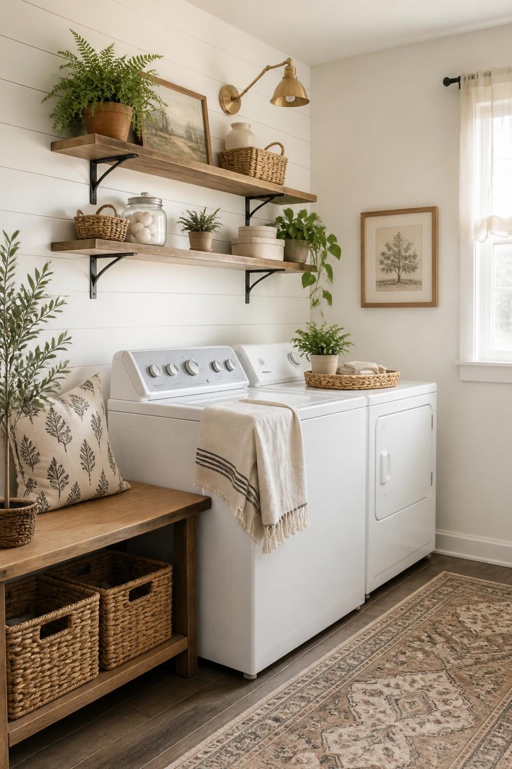 A rustic farmhouse laundry room with white shiplap walls, two wooden floating shelves with exposed black metal brackets, and abundant greene.