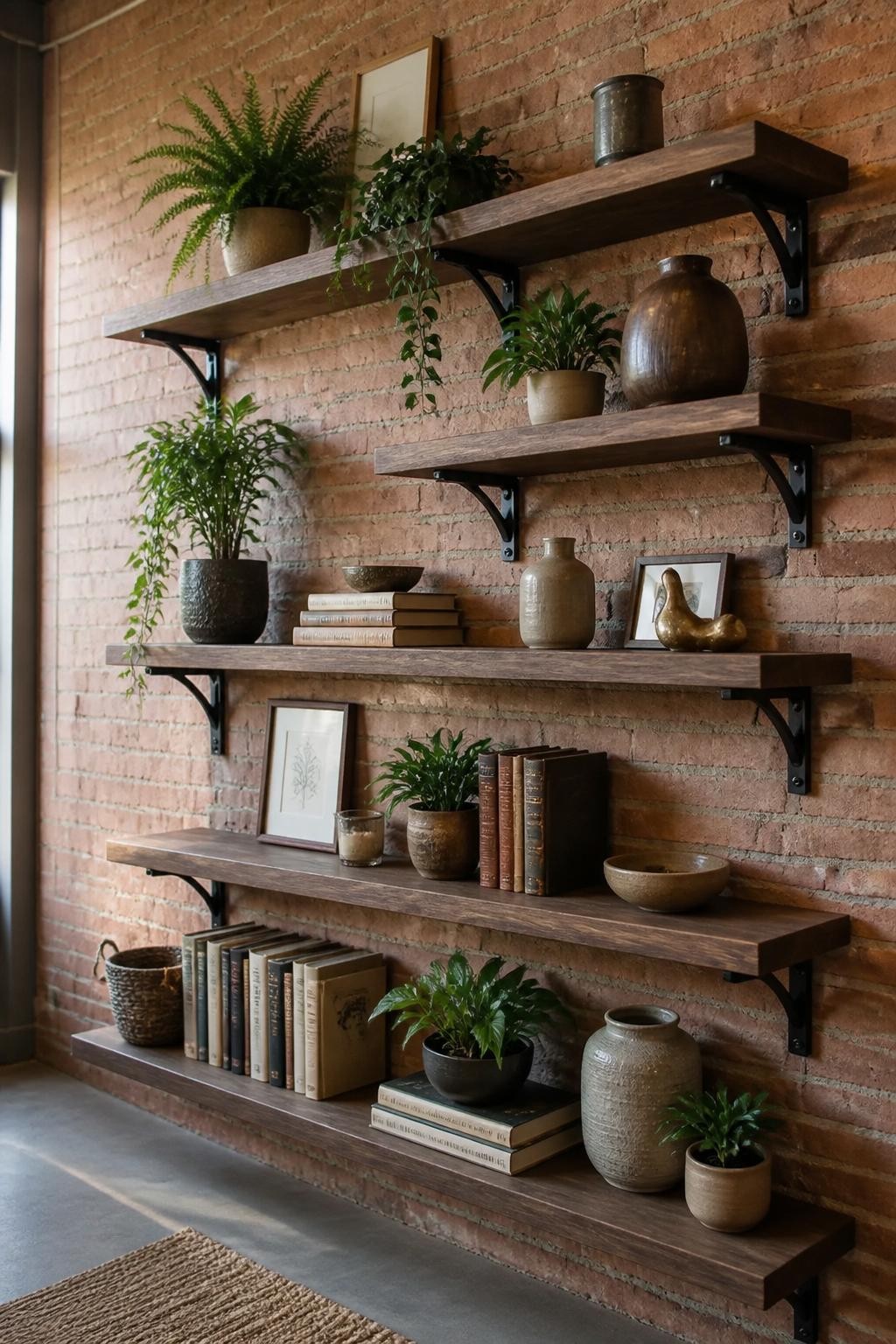 A striking urban wall clad in exposed natural brick features staggered thick walnut floating shelves, secured with visible iron brackets for.