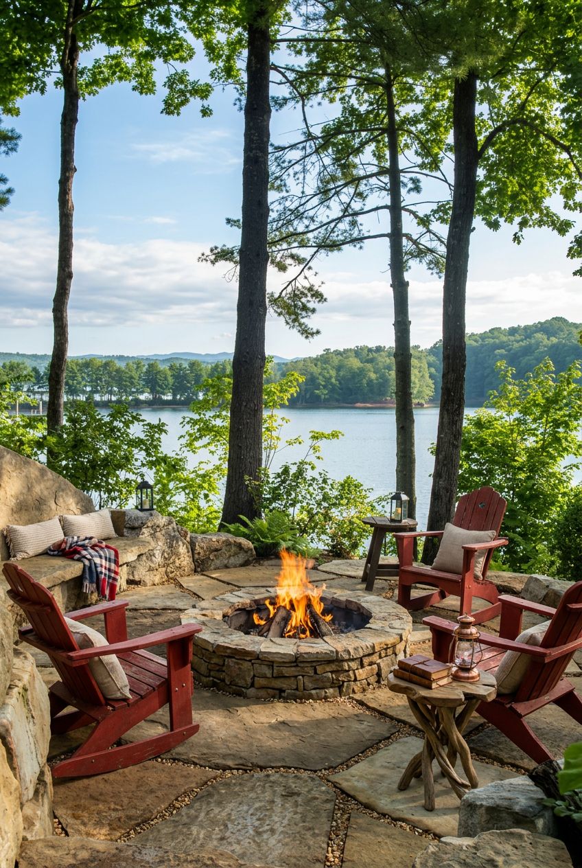 A rustic lakefront fire pit scene featuring a circular stone fire ring built with rough-hewn flagstones.