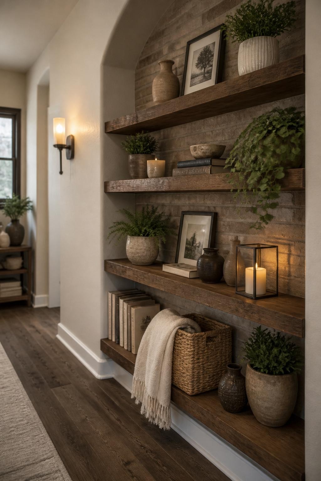 This rustic library wall features multiple thick, dark-stained wood floating shelves set against a weathered exposed brick wall, creating an.