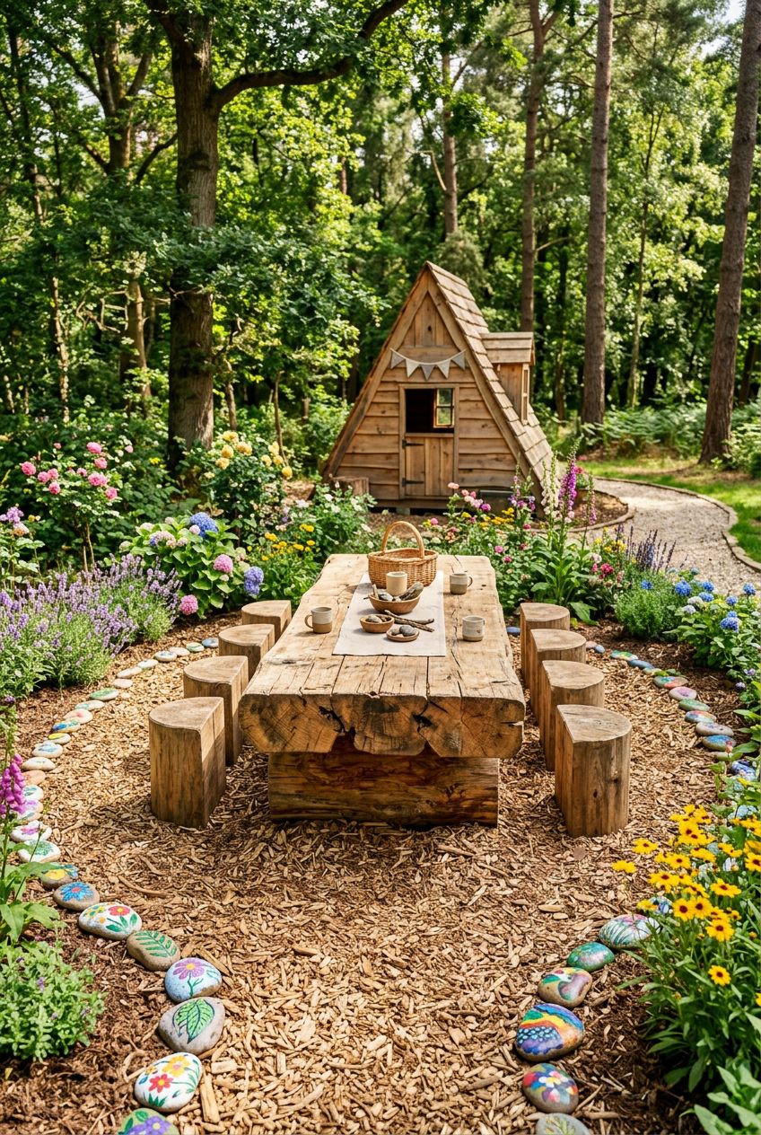 Present a natural picnic and gathering zone with a large, rough-hewn log table as the focal point, surrounded by half-round log stools on a.