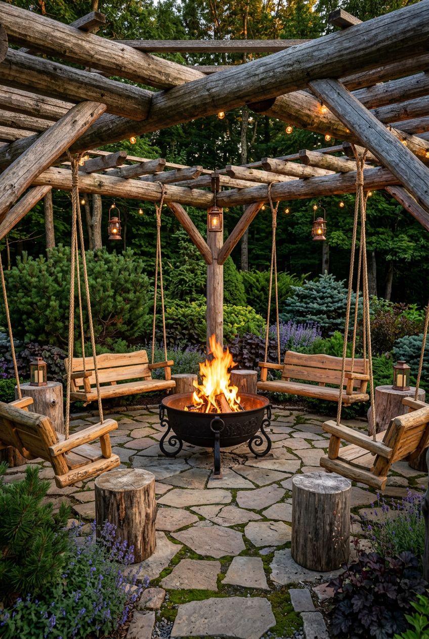 A rustic backyard retreat under an open wooden pergola, with four sturdy wooden log swings arranged in a perfect circle around a classic bla.