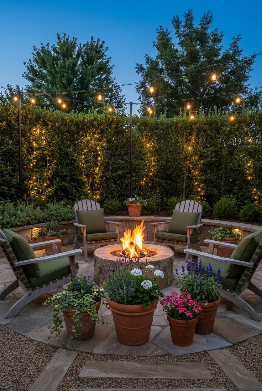 An inviting fire pit area features a robust stone fire pit situated on a flagstone and gravel patio.