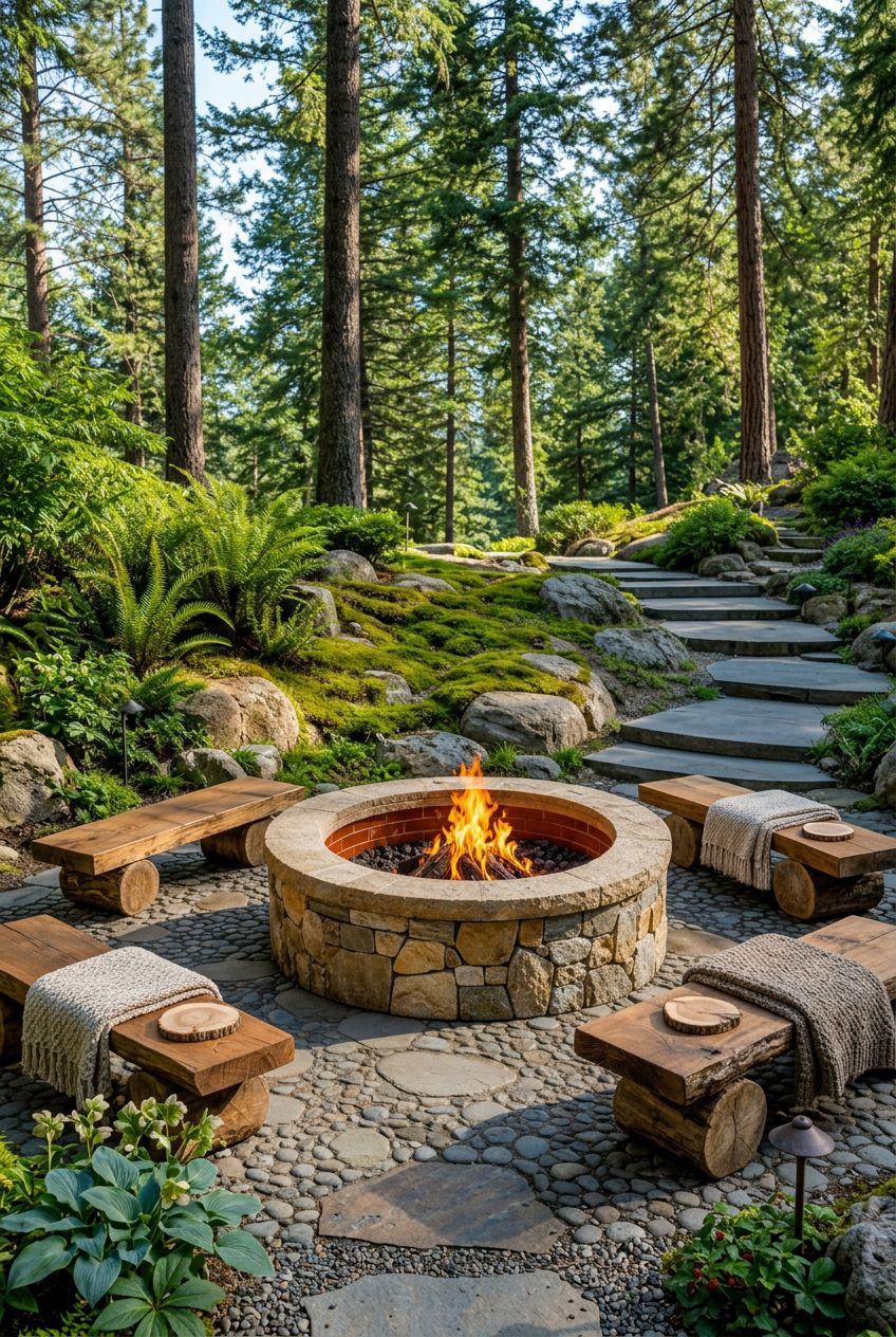 Invite attention to a woodland-inspired garden with a circular fire pit made from a blend of rugged stone and warm red bricks.