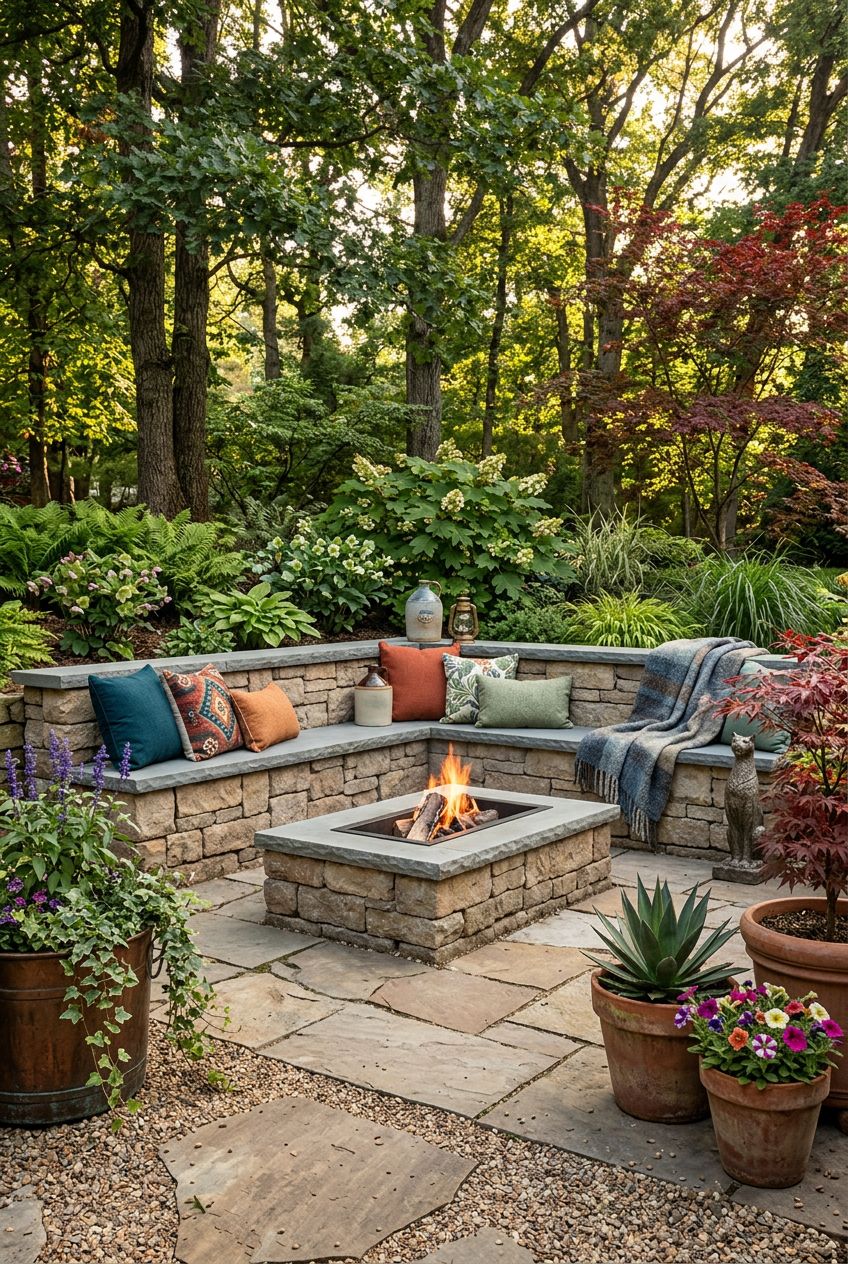 An earthy, rustic fire pit nook features block stone benches forming an L-shape, each topped with cozy, multicolored accent pillows.