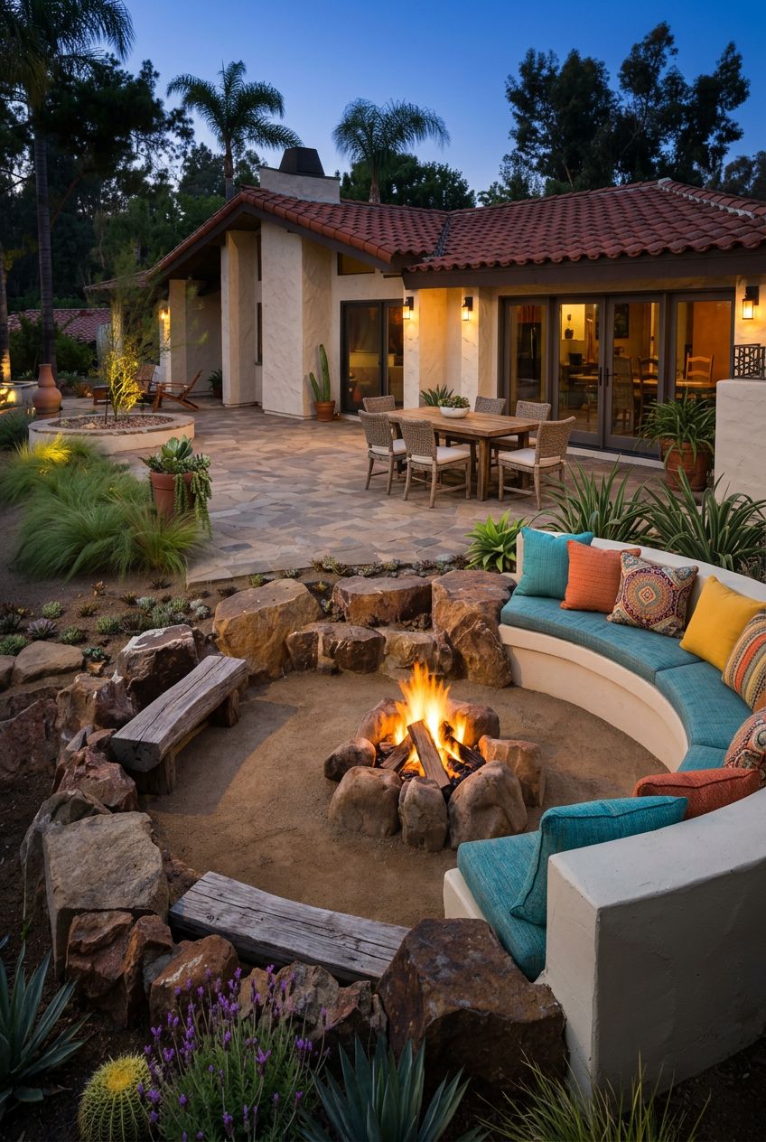 Capture a rustic, natural stone sunken fire pit nestled into a lush backyard, surrounded by large boulders forming curved seating.
