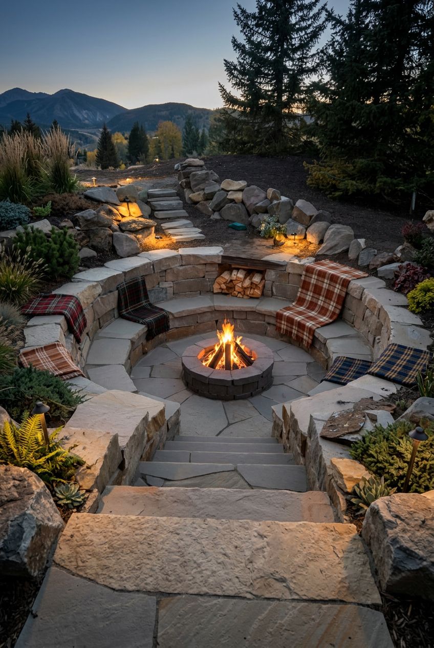 Highlight a rustic sunken lounge with a circular stone fire pit at its heart, surrounded by built-in stone seats draped in cozy plaid blanke.