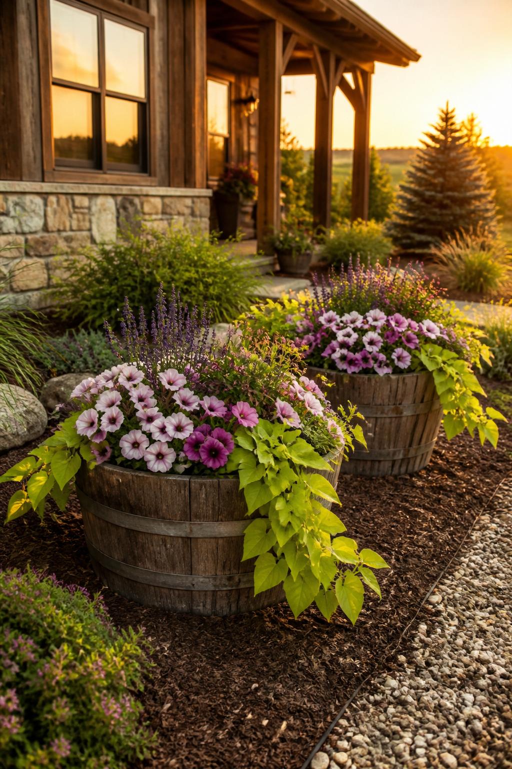 Create a rustic farmhouse-inspired septic tank cover solution using lightweight half wine barrel planters arranged as decorative focal point.