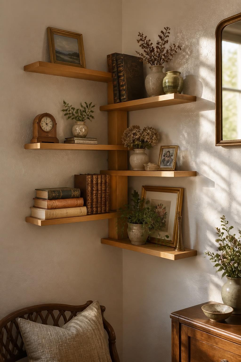 A cozy transitional corner with light oak, unadorned floating shelves fixed to neutral-textured walls for a relaxed, homey atmosphere.