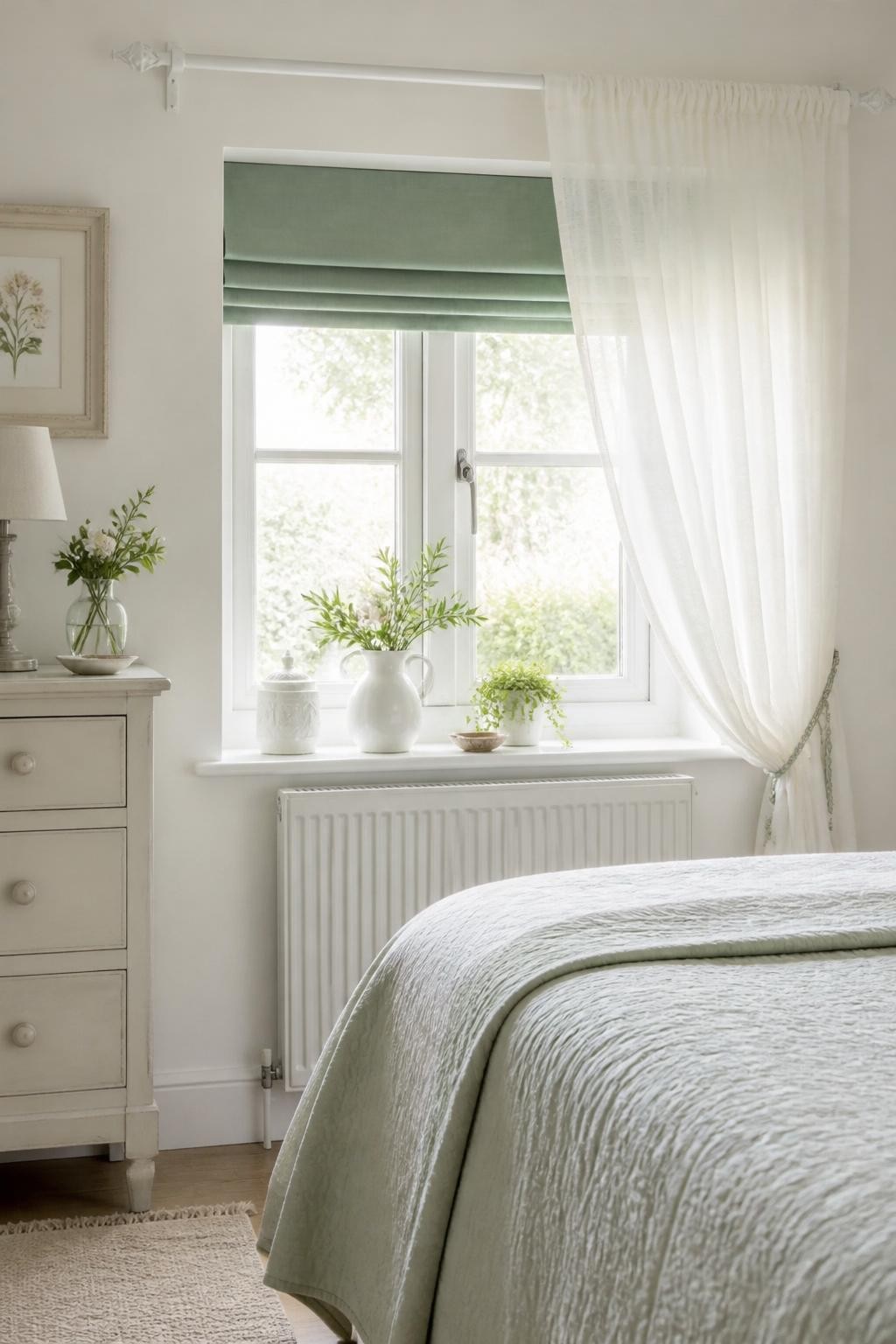 A peaceful cottage-style bedroom with a small window framed by airy white sheers and a sage green Roman blind.
