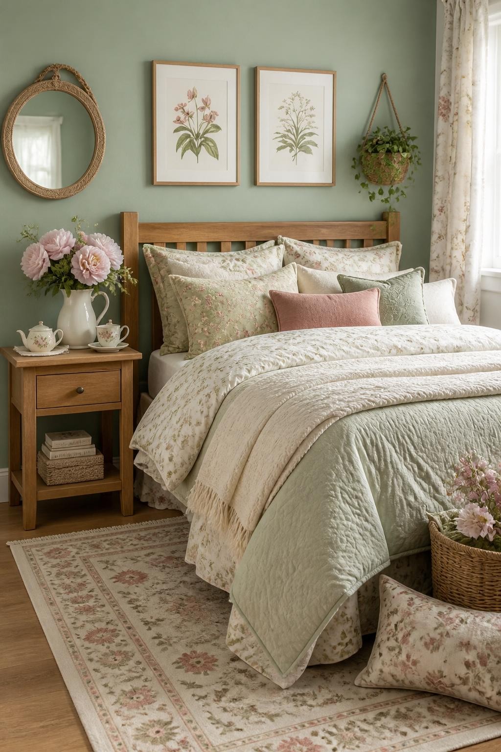 Showcase a charming farmhouse bedroom with soft sage green walls paired with a solid wood bed and botanical artwork above the headboard.