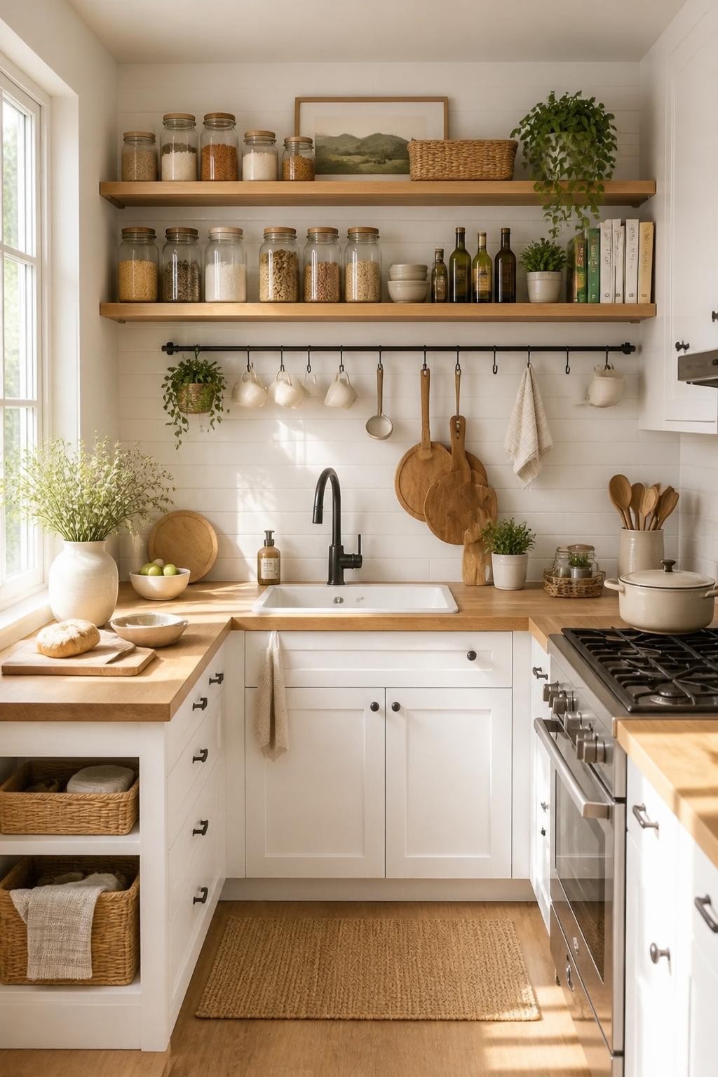 A Scandinavian meets farmhouse kitchen with pure white cabinets, natural butcher block countertops, and open wooden floating shelves.