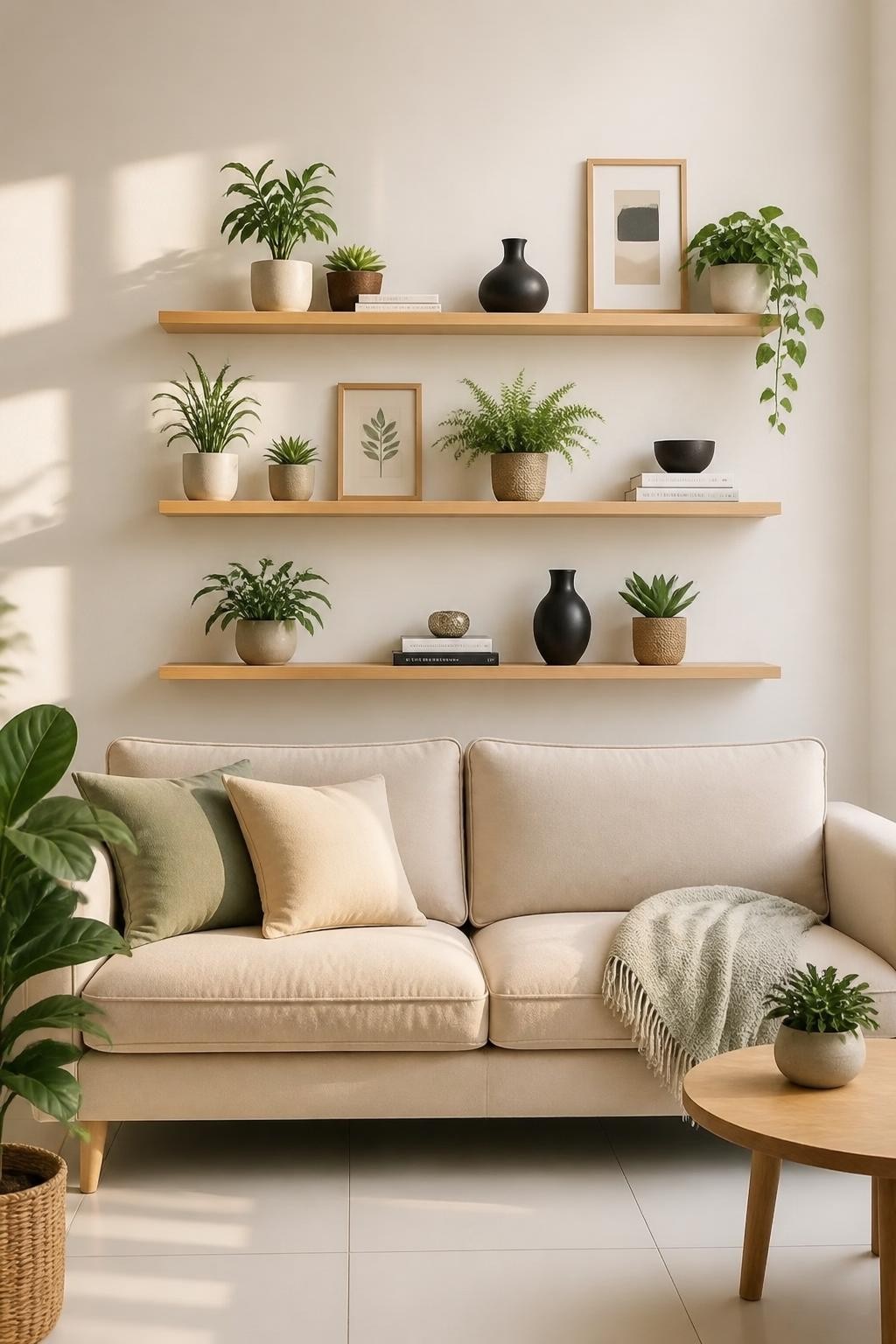 Fresh Scandinavian living room styled with a pale beige couch and lightweight accent pillows, framed by three linear floating shelves in lig.