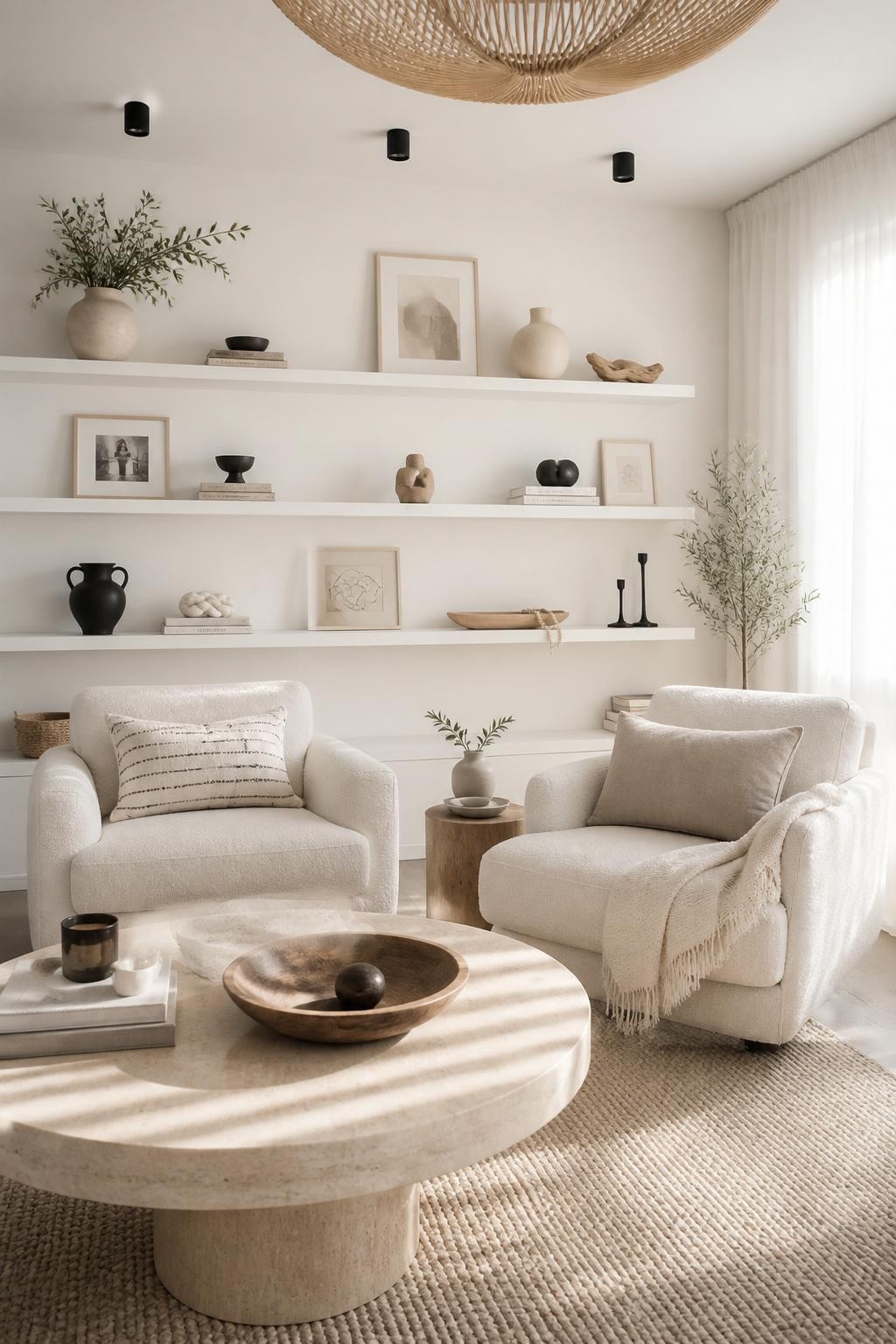 An airy, light-filled living room with modern Scandinavian decor, highlighted by a long wall of pure white floating shelves.
