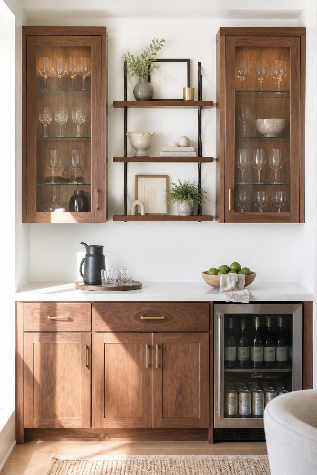 A Scandinavian-inspired dry bar pairs clean-lined walnut cabinets with a trio of minimal floating shelves framed in matte black metal.