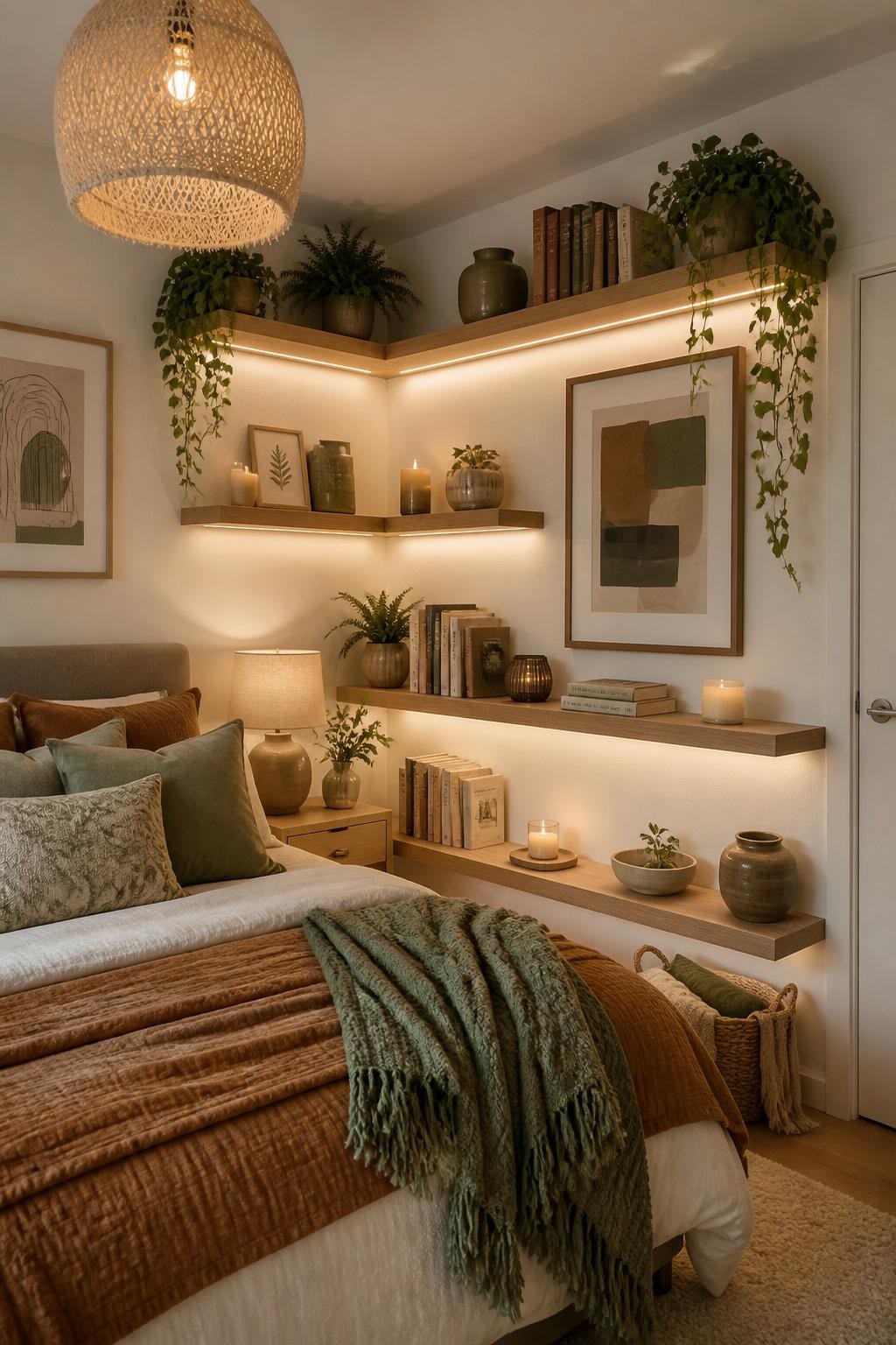 Show a Scandi-inspired bedroom where floating oak shelves with under-shelf LEDs run across and down two joining walls, forming an L-shaped m.