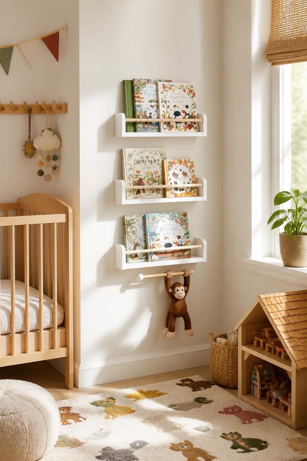 A playful, Scandinavian-inspired nursery corner with three petite floating book shelves mounted on a soft cream wall, each lined with whimsi.
