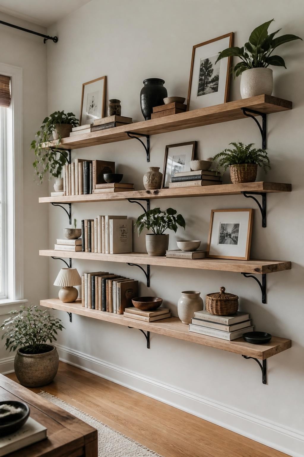 This Scandinavian-inspired living space features raw-edge floating wood shelves accented with ornate black iron brackets, stretching across.