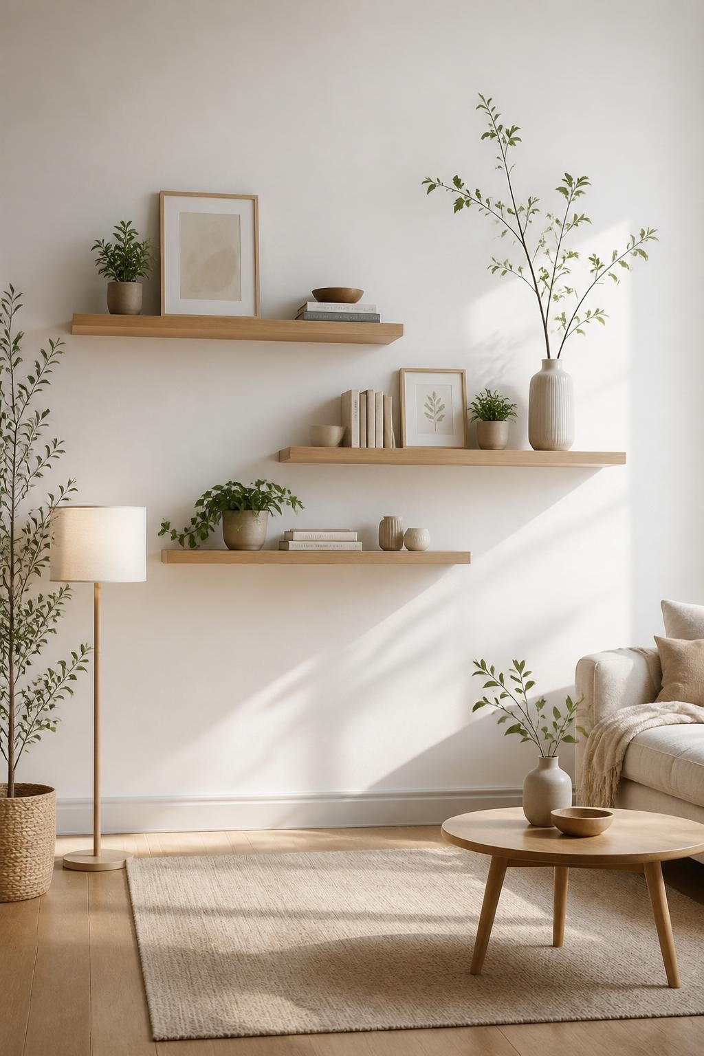 Illustrate a Scandinavian-inspired living room corner with three floating wooden shelves mounted on a crisp white wall.