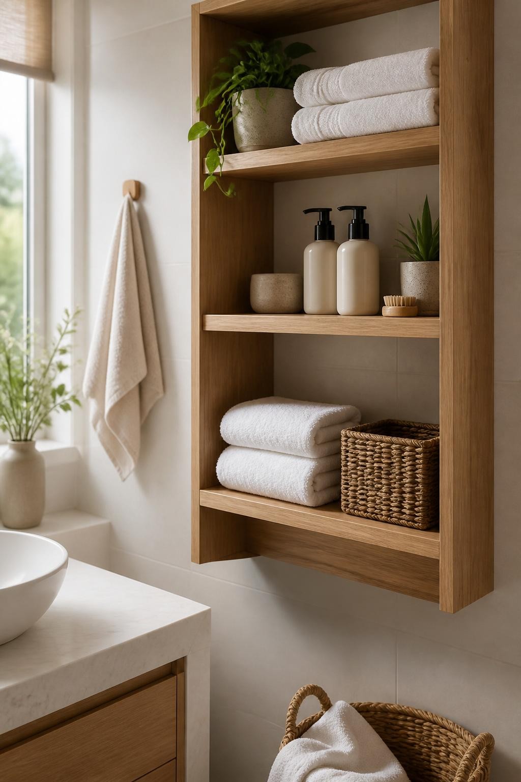 This Scandinavian-inspired bathroom features a built-in floating wood shelving unit with three open shelves, each filled with organic textur.