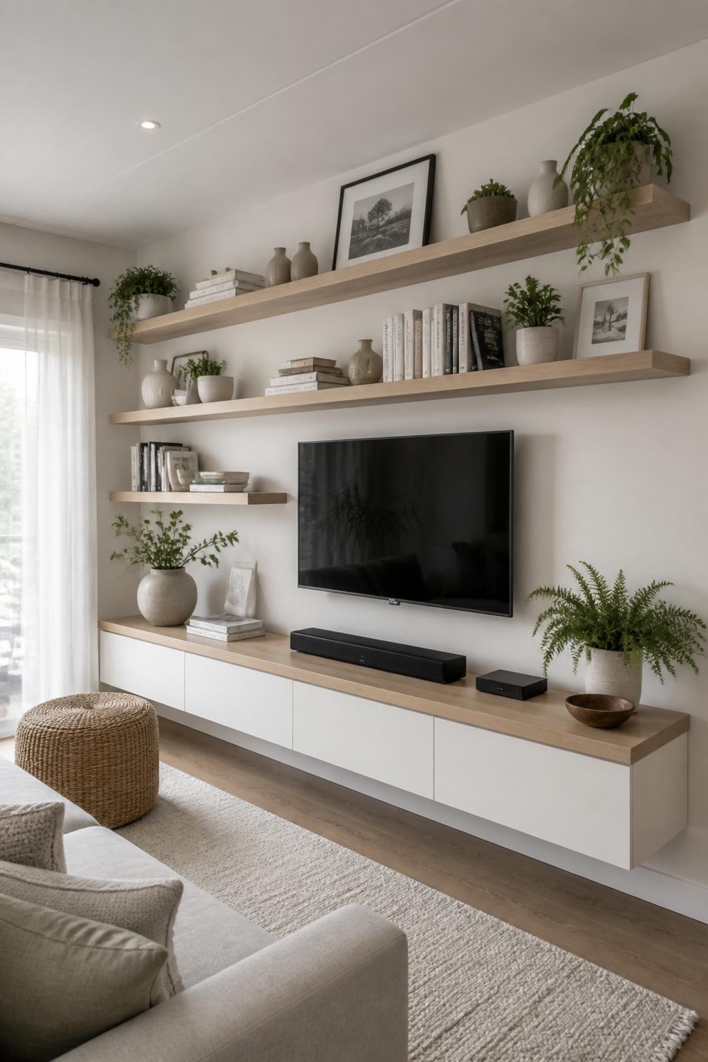 Clean Scandinavian minimalism in a living room with pale wood floating shelves layered across a white wall around the entertainment area.
